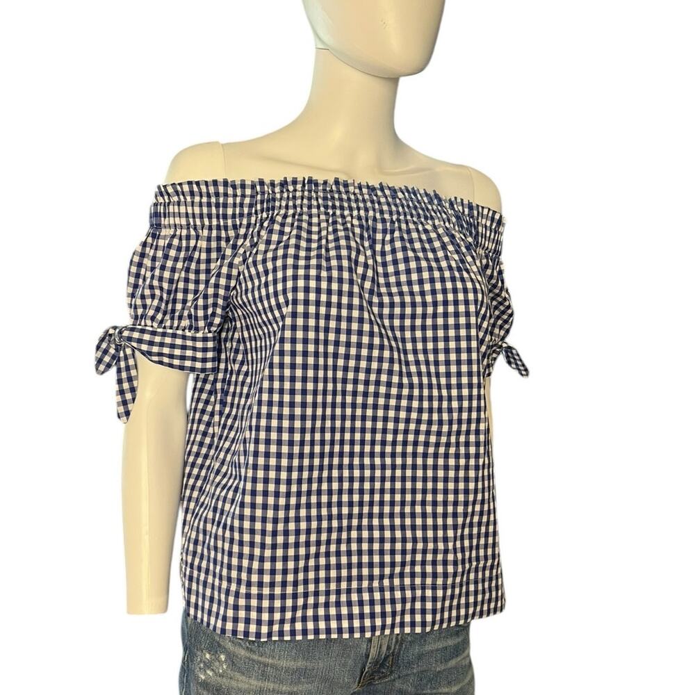J. Crew Blue White Gingham Off Shoulder Tie Sleeve Top Size 2
